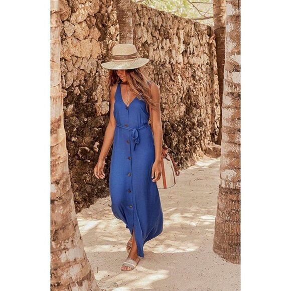 NEW JustFab Plus Size Button Front Maxi Dress Blue Coastal Boho Cottage Chic - Picture 1 of 11